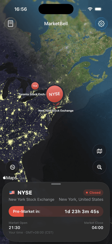 MarketBell map showing the New York Stock Exchange and its market card